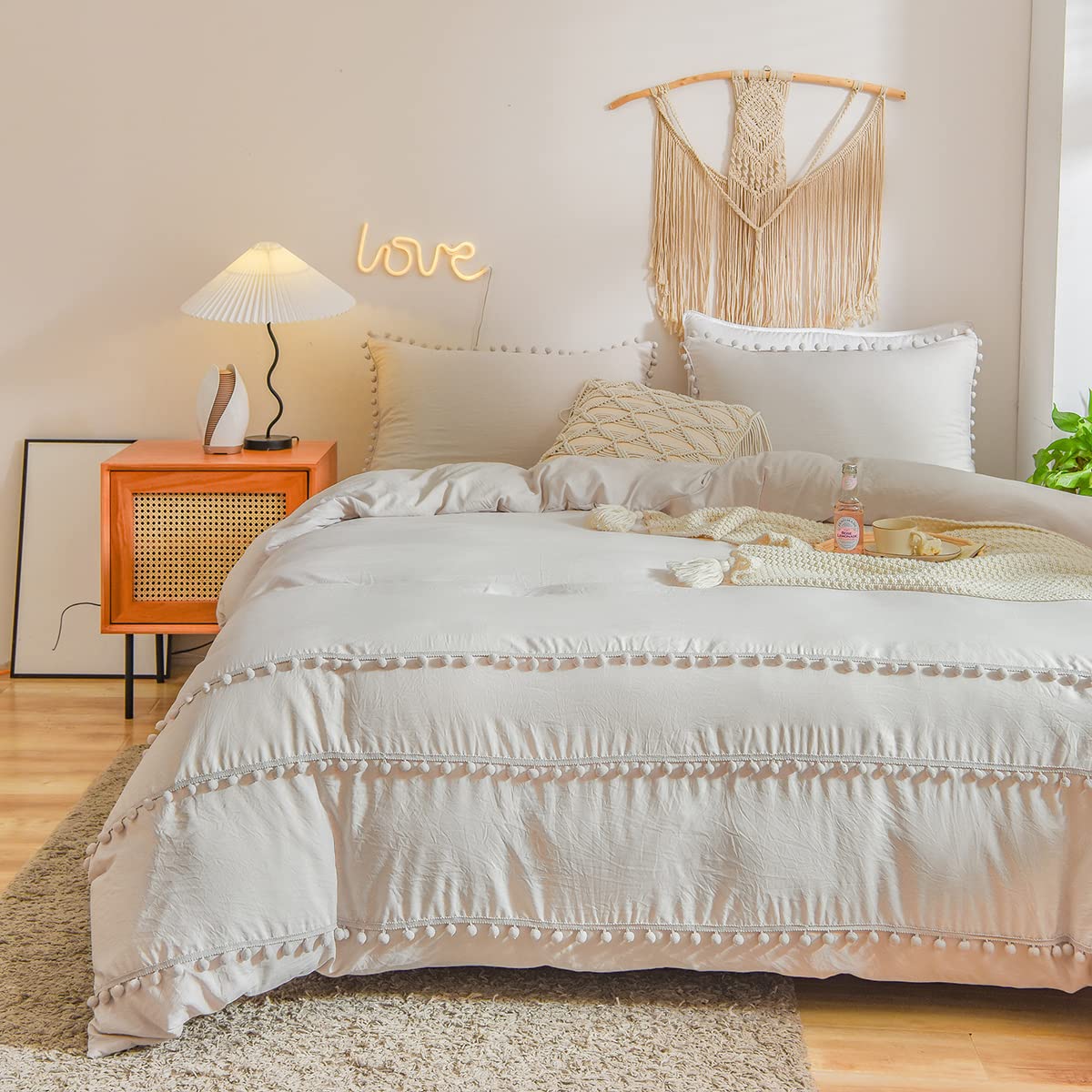 Housse de couette 240x260 cm bohème beige avec pompons et taies d'oreiller