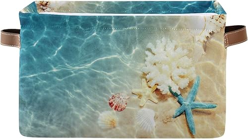 AUUXVA Cesta de almacenamiento de estrellas de mar tropical, playa, conchas marinas, caja de almacenamiento de lona duradera plegable para juguetes,