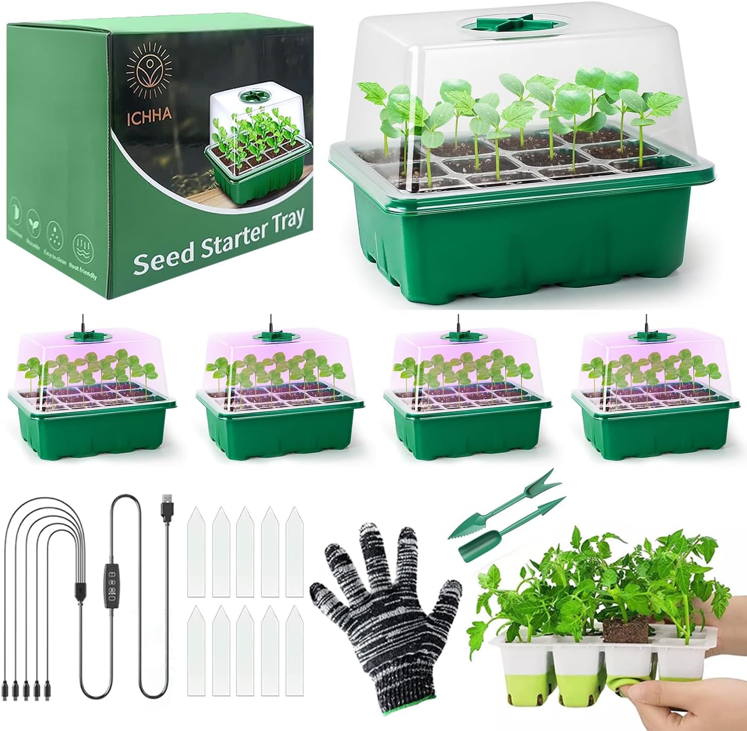 Seed Starter Tray- Complete Seedling Starter Kit with Soft Silicone Pop-Out Cell, Smart Timer Settings, Seed Starting Trays, Indoor Kit- 5 Sets Tray with LED Lights