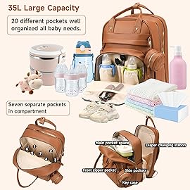 ANWTOTU Leather Baby Diaper Bag with Changing Station,Extra large Capacity Baby Diaper Bag Backpack(Brown)