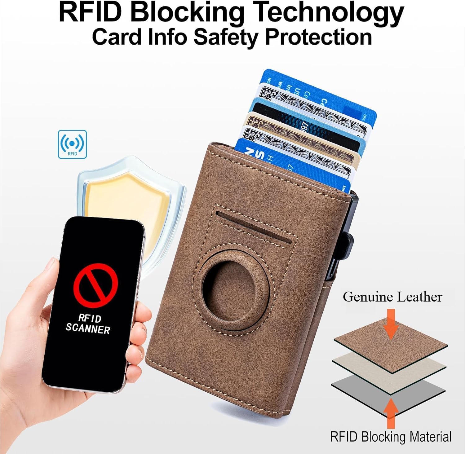 Men's RFID Blocking Smart Wallet Genuine Leather AirTag Compatible Pop-Up Card Case 9-14 Capacity with ID Window Brown (Brown)