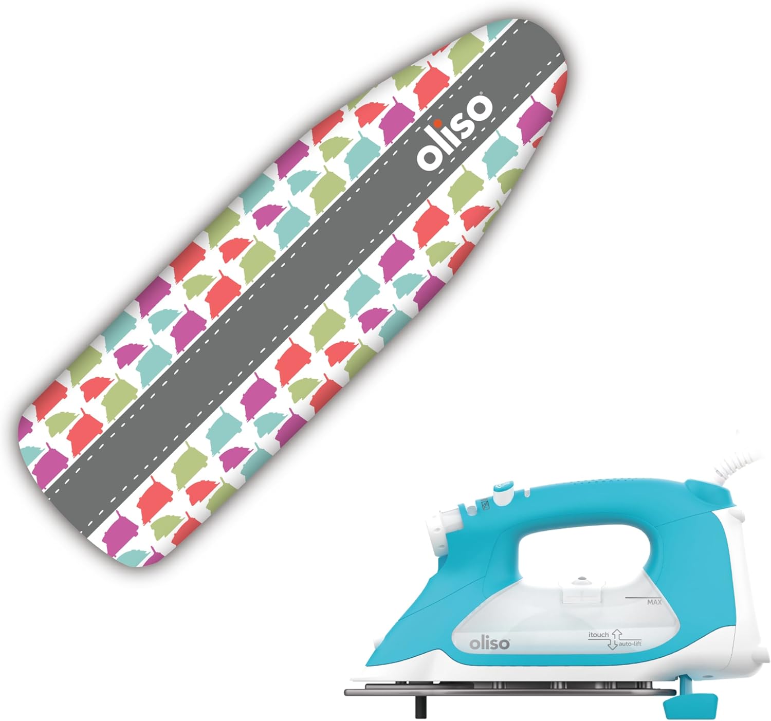 Oliso TG1600 Pro Plus 1800 Watt SmartIron with Auto Lift (Turquoise) & OLISO Ironing Board Cover, durable 100% cotton lined with professional grade felt pad (Silhouette)