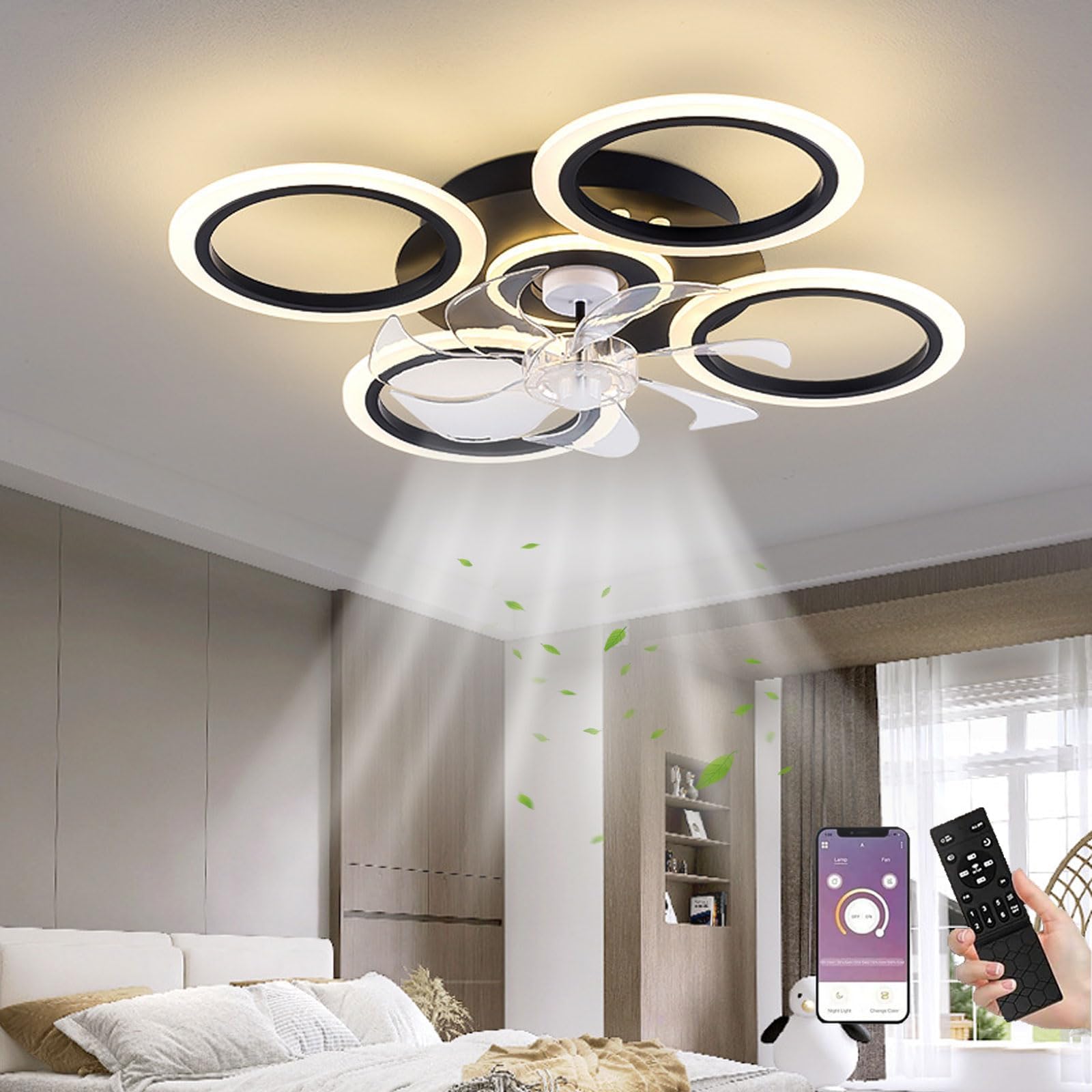 Ceiling Fans with Lights 22.4in Ceiling Fan with Remote Control Black 60w Flush Mount Ceiling Fan Modern LED Dimmable Small Ceiling Fan with Light Timing 6 Gear Speeds for Living Room, Bedroom, Office