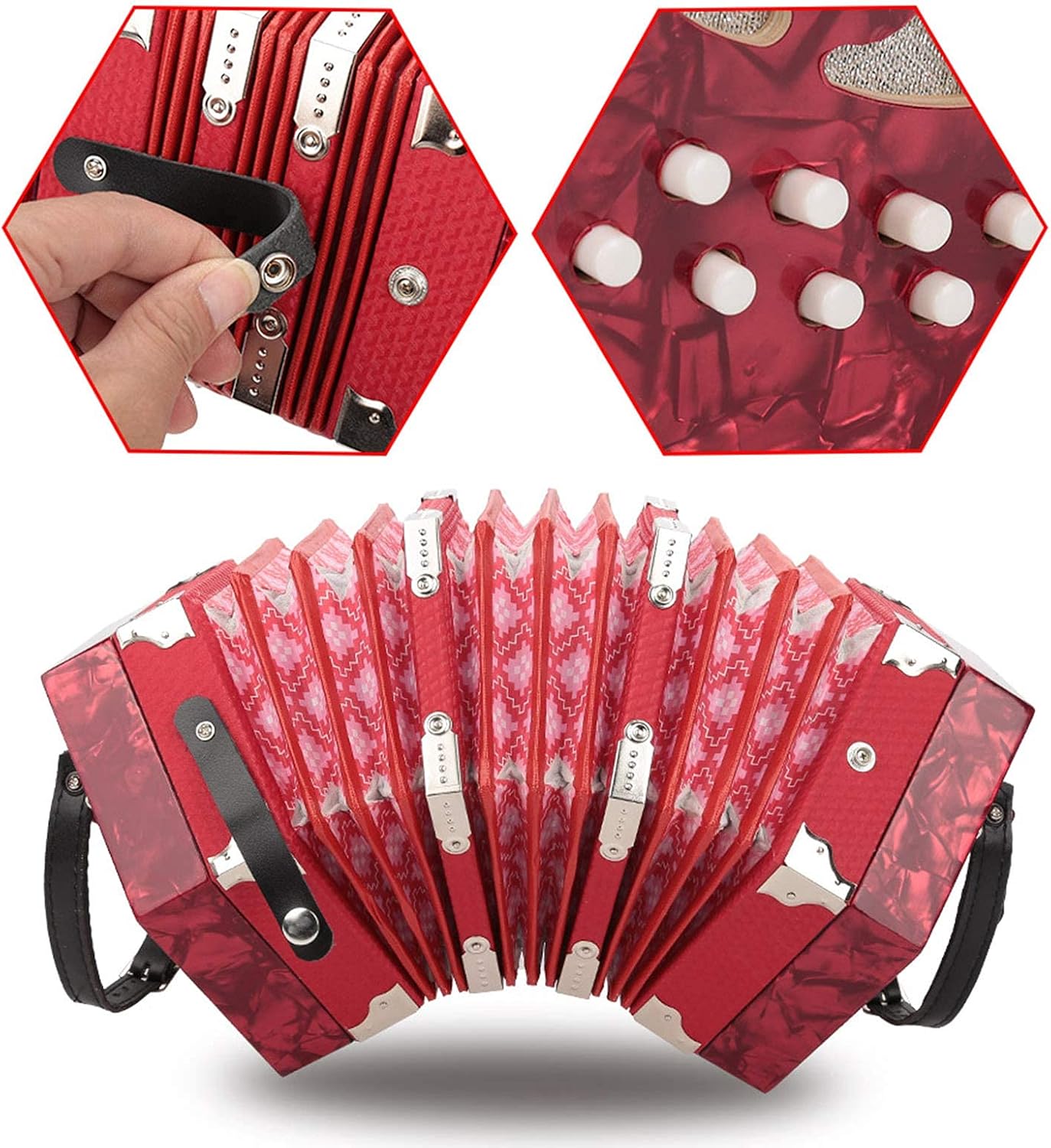 Professional Concertina, 20 Buttons Accordion with Strap and Carrying Bag Beginner Musical Instrument for Daily Practice Stage Performance(Red)