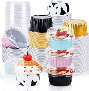 RETON 100 PCS Aluminium Foil Baking Cups, Mini Cake Pans with Lids, 5 oz Foil Cupcake Cups Cupcake Liners, Disposable Ramekins Muffin Cups for Party Birthday Wedding Valentines (5 Colors)