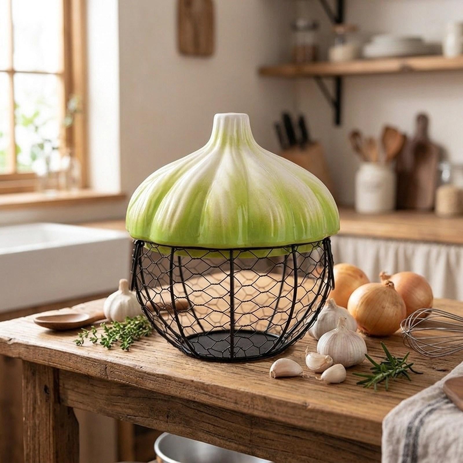 Canasta de Cesta para Guardar Huevos Recipiente de Verduras Frutero Alambre Metálico Cerámica E Hierro con Asa Práctica Adecuado para Pantalla de, Verde, Individual