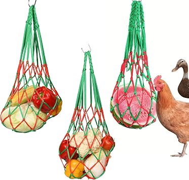 3Pack Chicken Hanging Feeder Bag,Vegetable Fruit Feeder Holder in Coop for Poultry Hens Duck Goose, Green Red