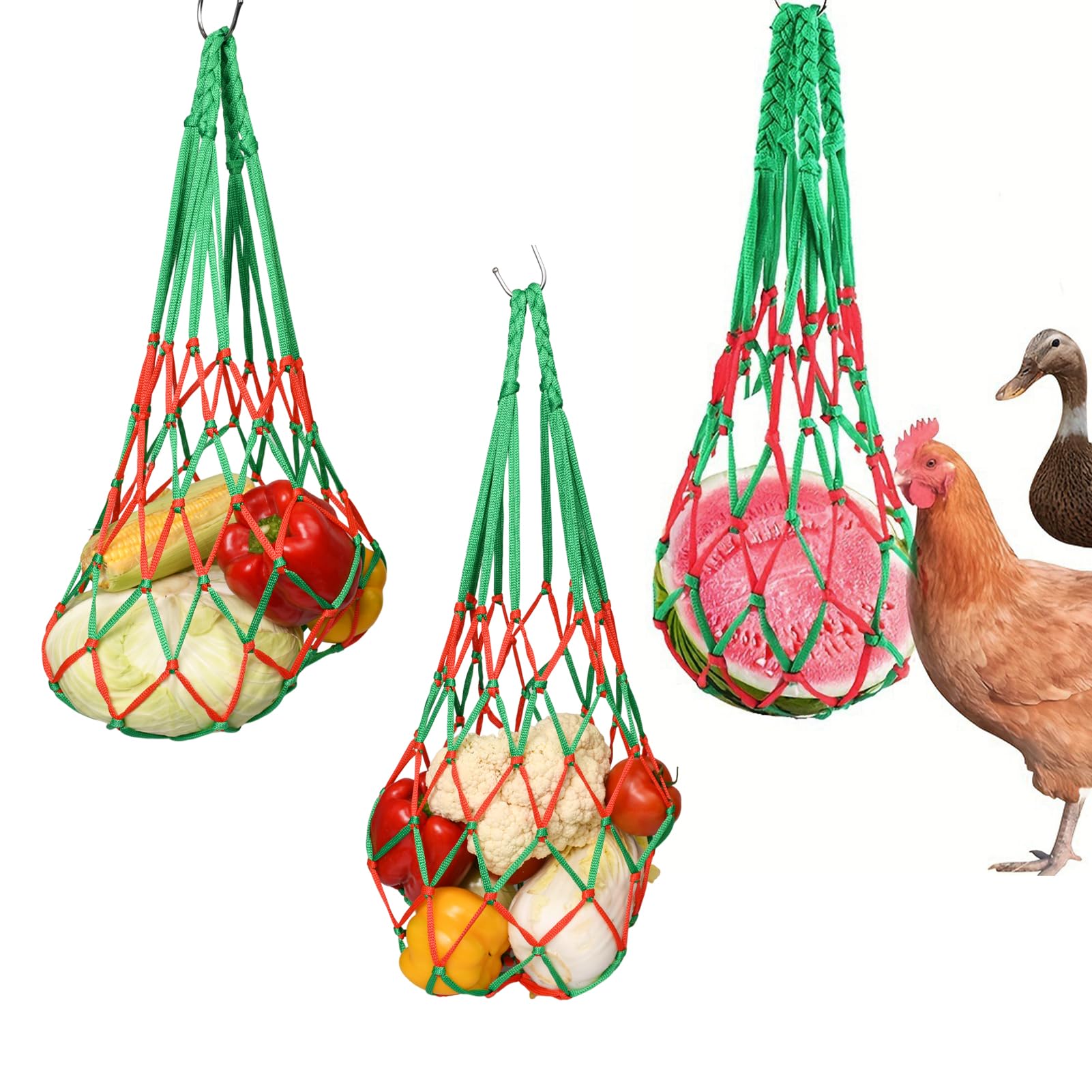 3 Reti Mangime Per Galline, Sacchetti Appendi In Poliestere Per Verdure E Snack, Con Ganci, Colori Vivaci