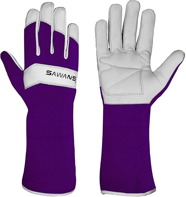 SAWANS Long Gardening Gloves Leather Ladies Men Women Durable Goatskin Garden Gloves Forearm Protection Thorn Proof Gardener Work Spandex Sleeves Rose Pruning Gift (Purple, L)