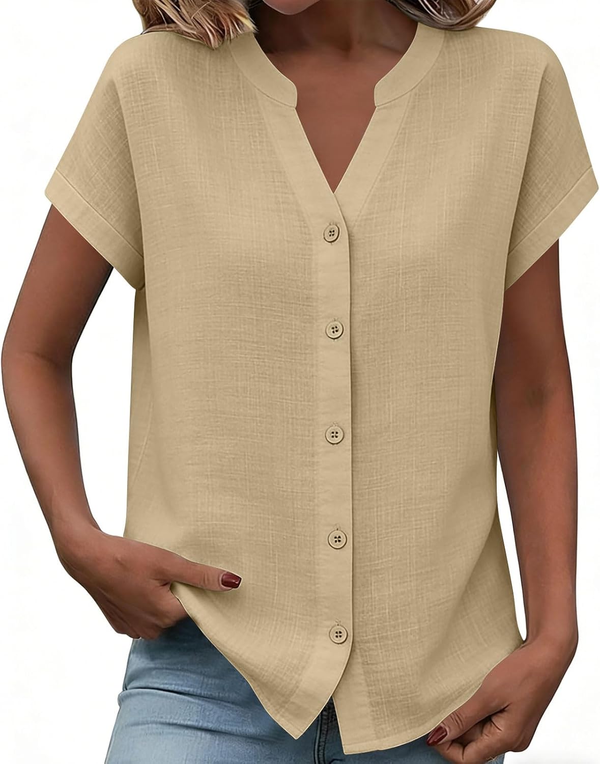 Womens Linen Shirts Comfy Short Sleeve Tops V Neck Button Up Blouses Summer Cotton Linen Casual Button Down Tops Tee