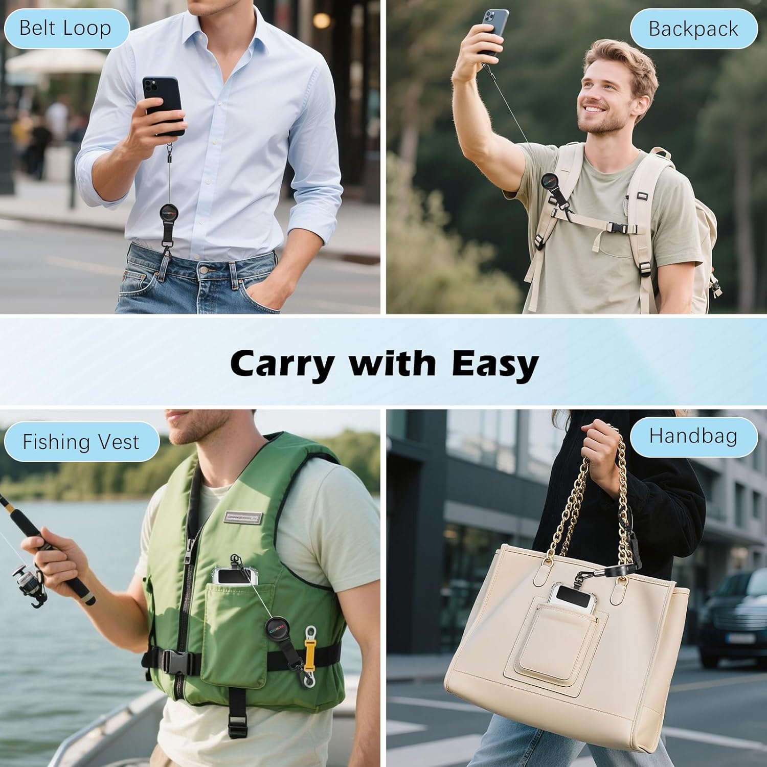 MoKo Anti-theft Phone Tether, Phone Lanyard Retractable Steel Line Cellphone Strap with Locking Carabiner and Metal 360° Tether Tab for Outdoor Skiing Hiking Climbing Fishing, Black&Colorful