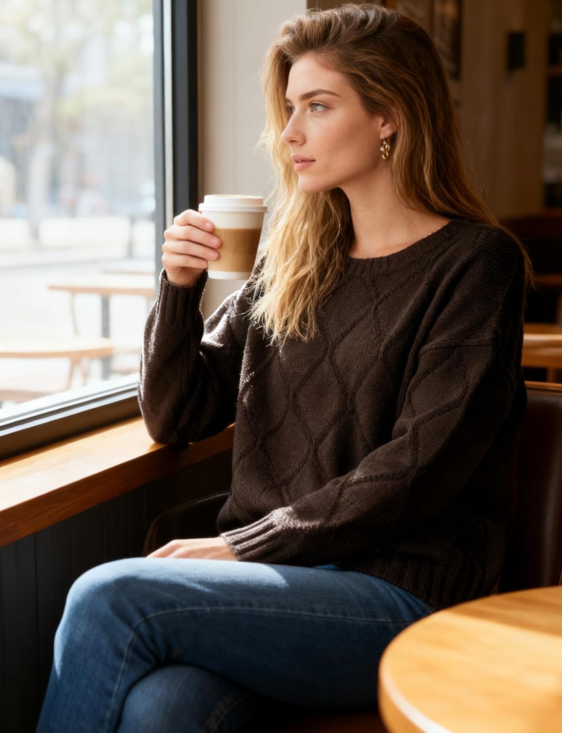 Women's Fall and Winter Long Sleeve Crewneck Sweater, Soft Knit with Diamond Pattern, Relaxed Fit Pullover Top, Brown - Image 5