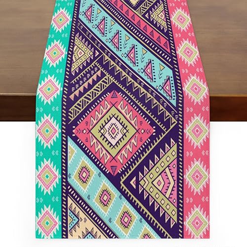 Camino de mesa azteca tribal étnico geométrico, mantel de lino rústico para cocina de granja, cena, eventos, fiesta, decoración de mesa de