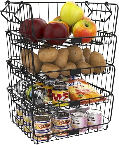 Miniatura 3 de EMT ETRENDS Juego de 2 cestas de almacenamiento apilables de alambre de metal para cocina o baño, 2 organizadores de frutas y verduras para despensa