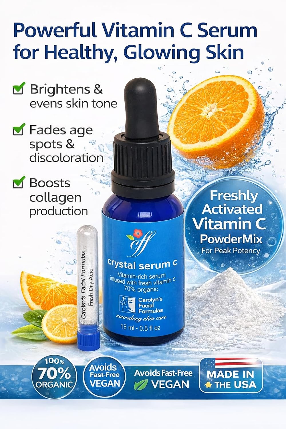 Carolyn's Facial Formulas Crystal Facial Serums C | Vitamin C Serum for Face | Skin Clearing Serum | Made in USA | Organic, Certified Vegan and Cruelty-Free. Unscented.(15 ml – 0.5 fl oz)