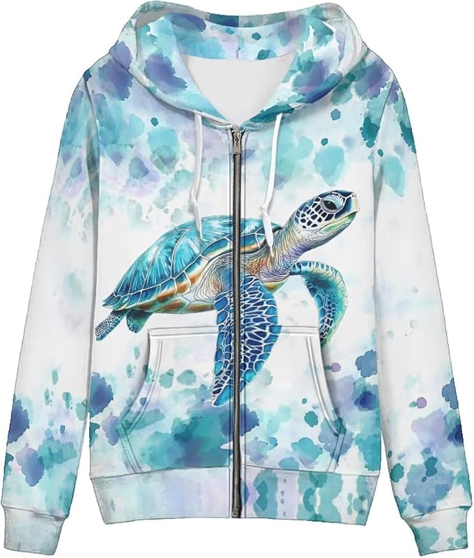 Showudesigns Sea Turtle Zip Up Hoodies for Women Y2K Hooded Sweatshirts Tie Dye Full Zipper Jackets for Womens 3XL Long Sleeve Pullover Sweater with Pockets Spring Tops Fall Outfits Hippie