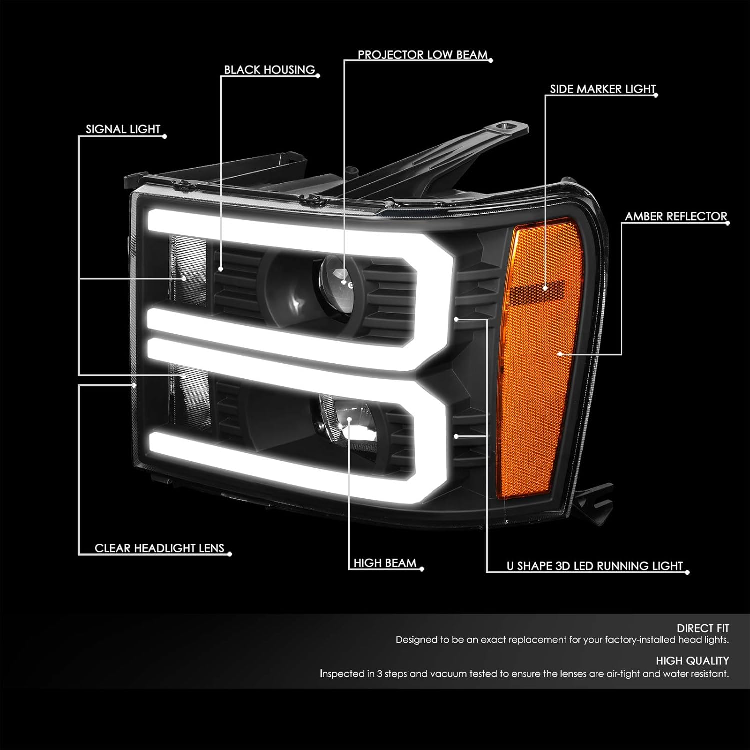 DNA MOTORING Black LED U-Halo Bar Projector Headlights Compatible with 2007-2014 SIERRA, Black/Amber, HL-LB-SIE07-BK-AM