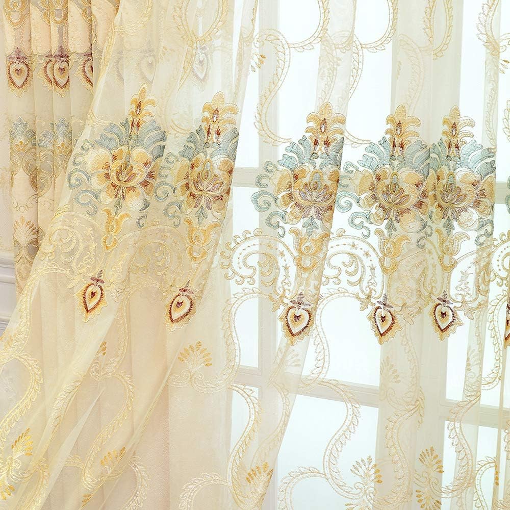 Gxi Floral Embroidery Sheer Curtain Drapes 102 Inches Long for Living Room Sliding Glass Door European Luxury Grommet Tulle Curtain Voile Window Treatments Set of 2 Panels ，Beige W75 x L102 inch