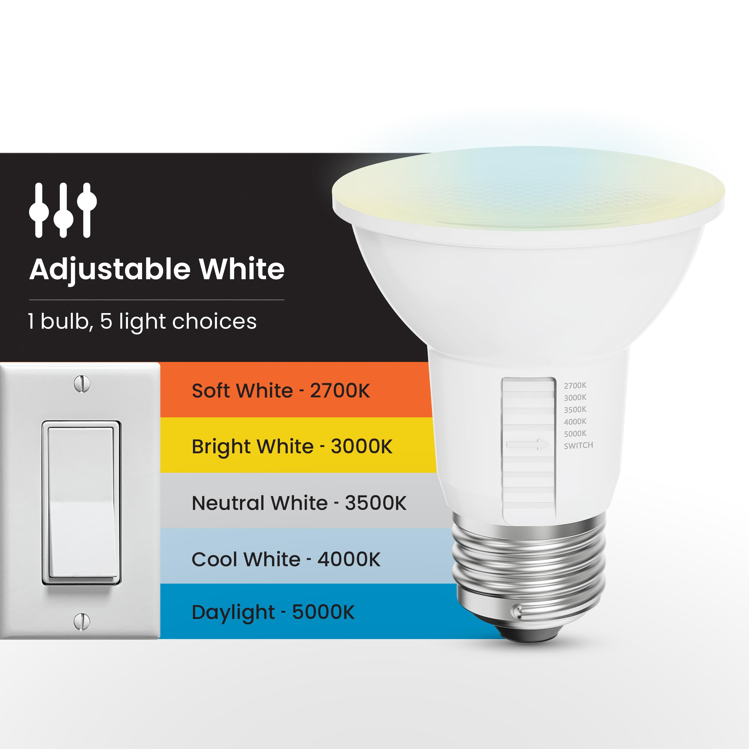 Feit Electric 2 bombillas LED PAR20, equivalente a 50 W, regulable, color a elegir, 6 vías, casquillo central E26, 90 CRI, 450 lúmenes, foco de humedad nominal, 22 años, PAR20DM/6WYCA/2