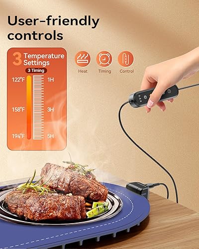 Miniatura 3 de Tapete de calentamiento para alimentos, tapete de calentamiento de alimentos de 24 x 14.5 pulgadas con 3 ajustes de temperatura y 3 ajustes de