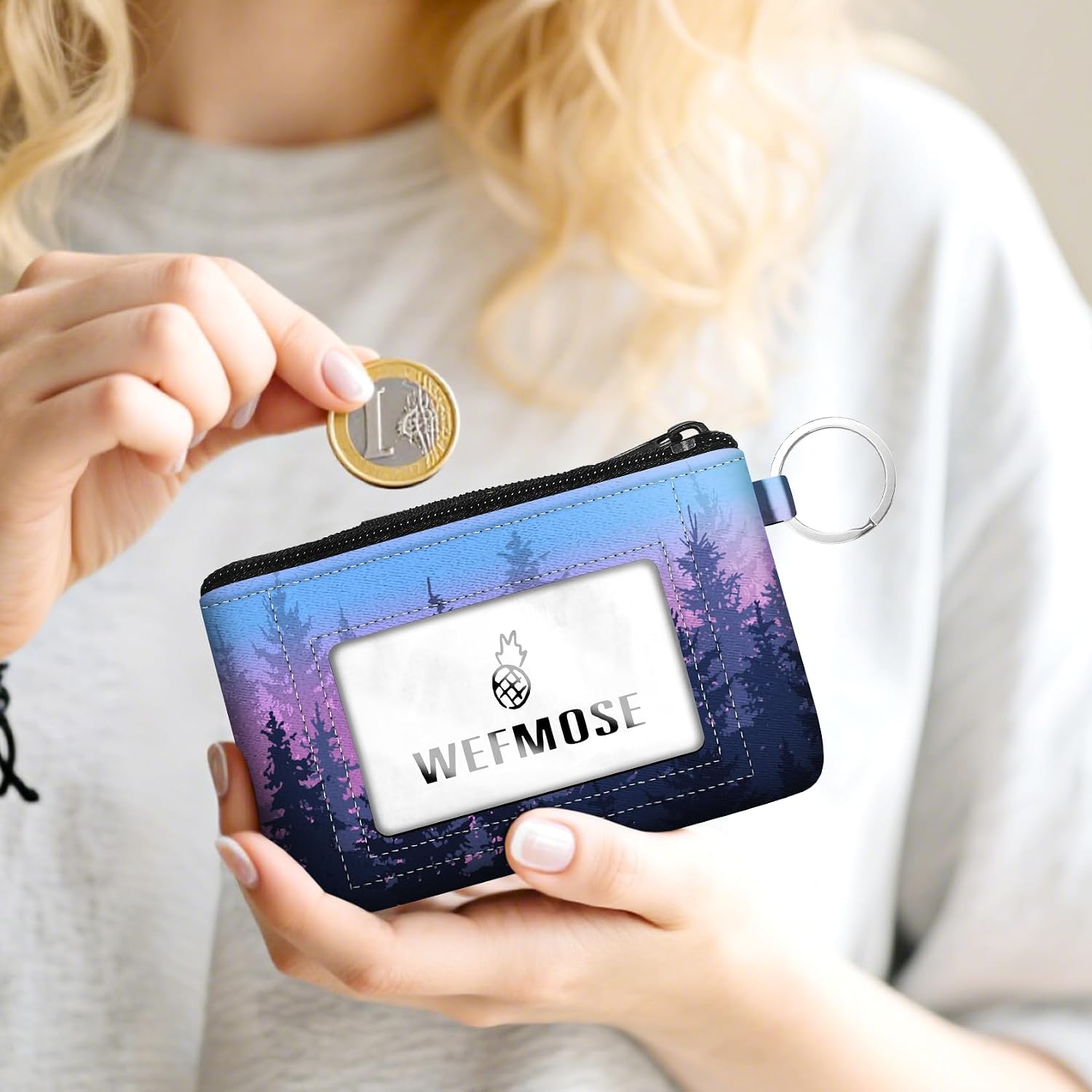 Small Wallet Keychain with Clear ID Window Zipper Cute ID Case Coin Purse for Women Water Resistant Coin Pouch-Forest Blue Purple Keychain Wallet
