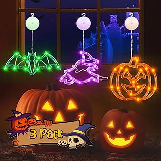 Halloween Decorations, 3 Pack Halloween Lights Orange Pumpkin Purple Witch, Window Lights with Suction Cup & Hooks, Battery Operated Cute Halloween Decorations Indoor Party Decor