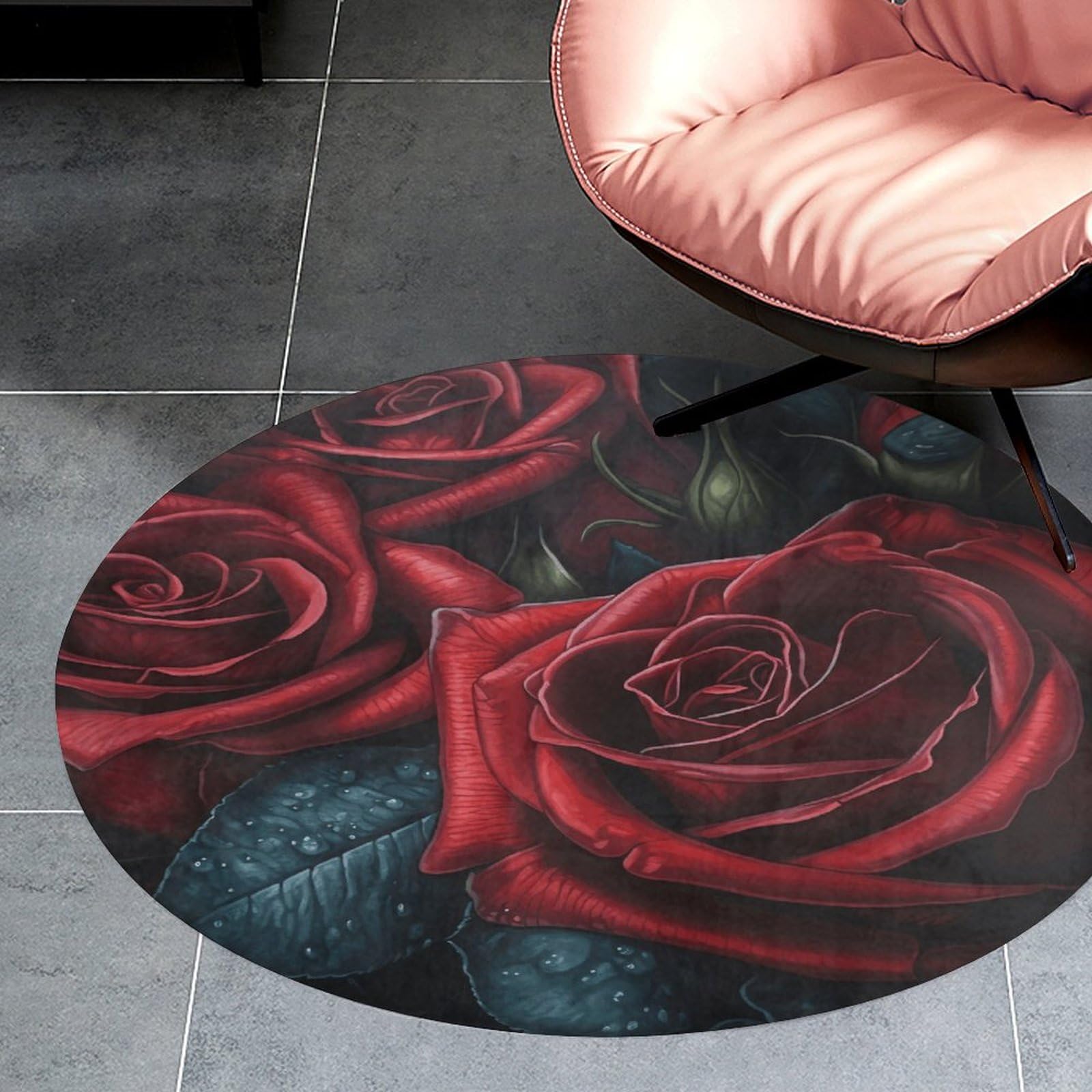 Tapis rond motif fleurs rouges 90 cm pour chambre et salon