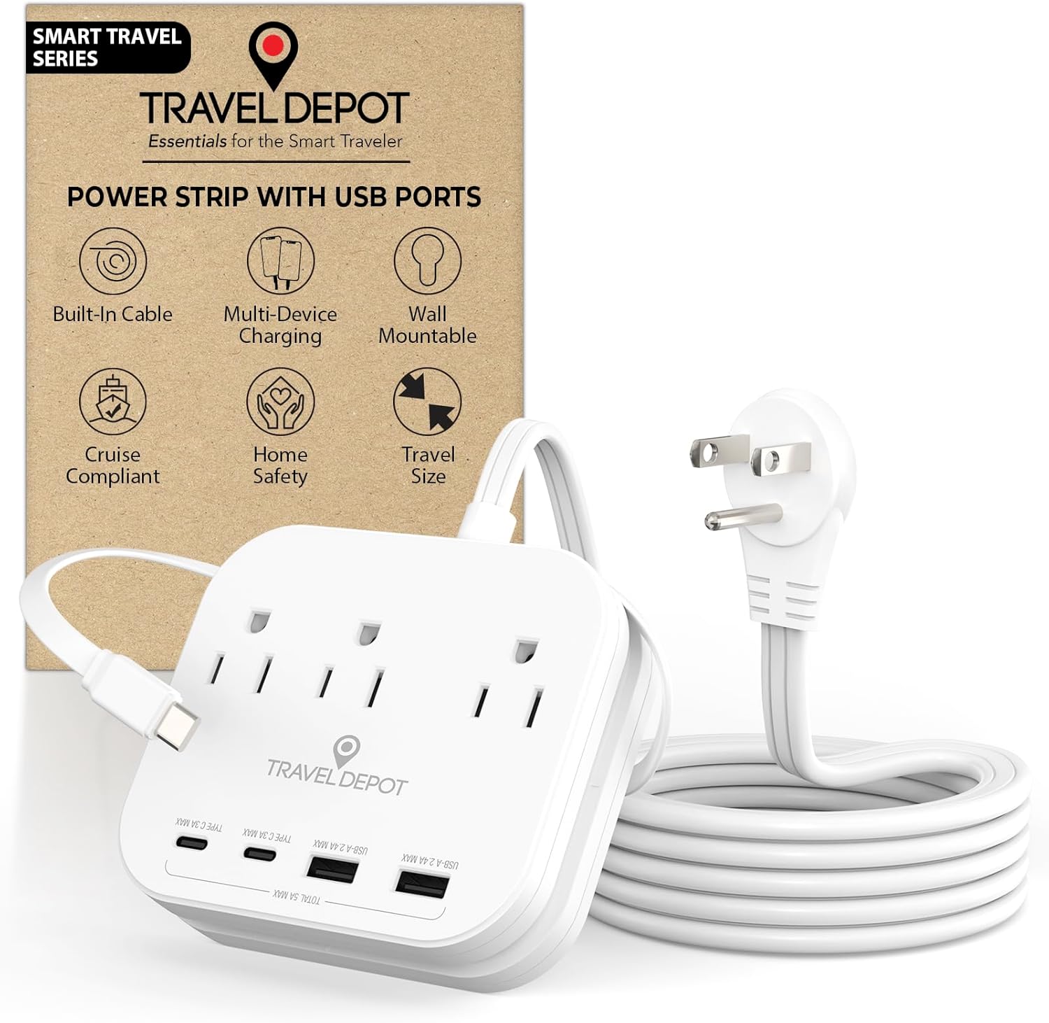 Cruise Essentials Flat Plug Power Strip, Durable 5 ft Extension Cord w/ 3 Outlets Extender & Built-In Type C Cable, 2 USB & 2 USB-C Ports, No Surge Protector for Cruise Travel, Dorm, Home