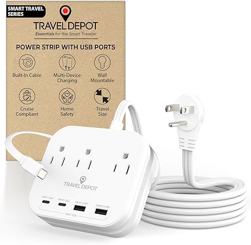 Miniatura 1 de Cruise Essentials - Regleta de alimentación de enchufe plano, cable de extensión duradero de 5 pies con extensor de 3 salidas y cable tipo C
