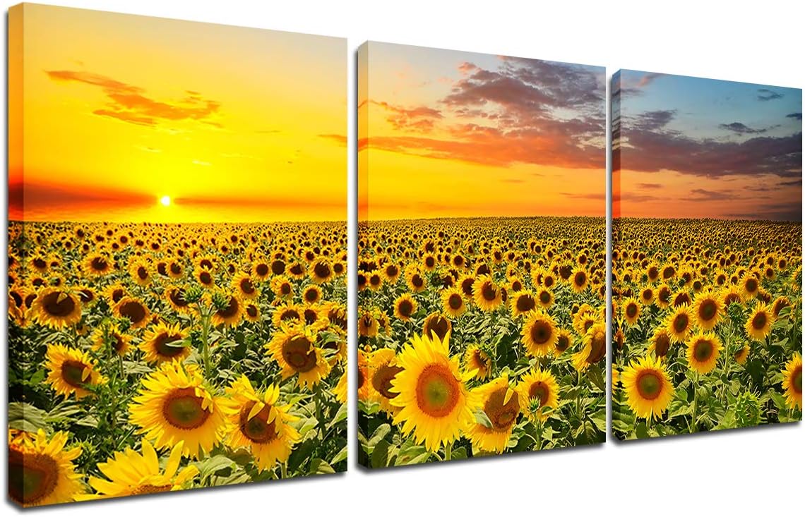 Canvas Wall Art Sunflower Pictures - 3 Pieces Flower Landscape Paintings Set for Home Living Room Kitchen Decor Bedroom Office Modern Artwork Sunset Wall Art Nature Floral Poster Print 12x16 inch