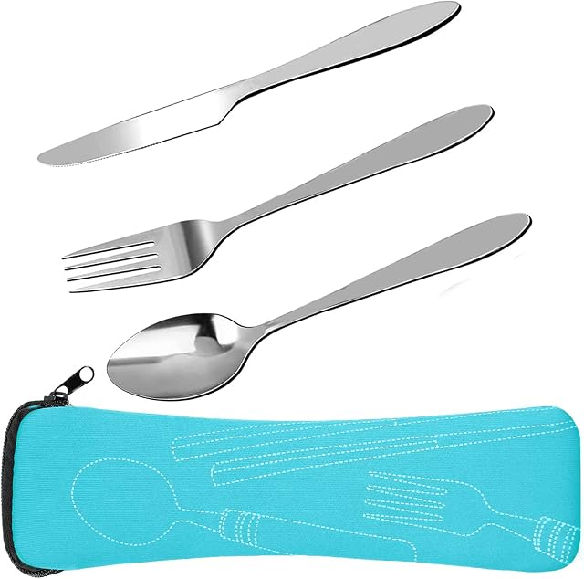 NASHRIO Cutlery Set with Neoprene Bag, 3 Pieces Stainless Steel Flatware Camping Utensil Set Travel Camping Flatware Dinnerware Tableware Kit with Storage Lunch Box for Picnic Office School