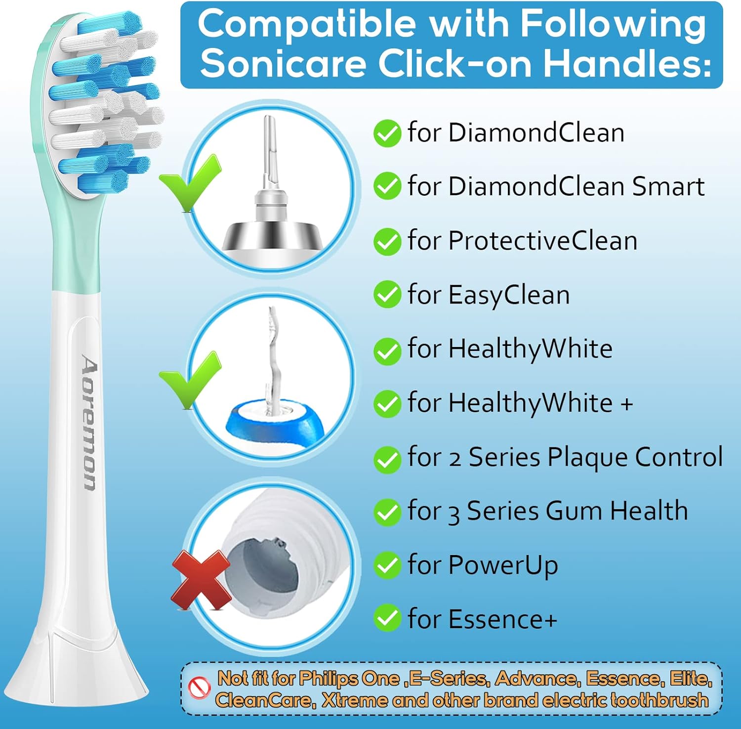 Aoremon Toothbrush Replacement Heads for Sonciare C3 Toothbrush Heads fit for Philips Sonicare Click On Handles ProtectiveClean DiamondClean FlexCare HealthyWhite G3 W3 4100 5100 6100, 10 Count, White