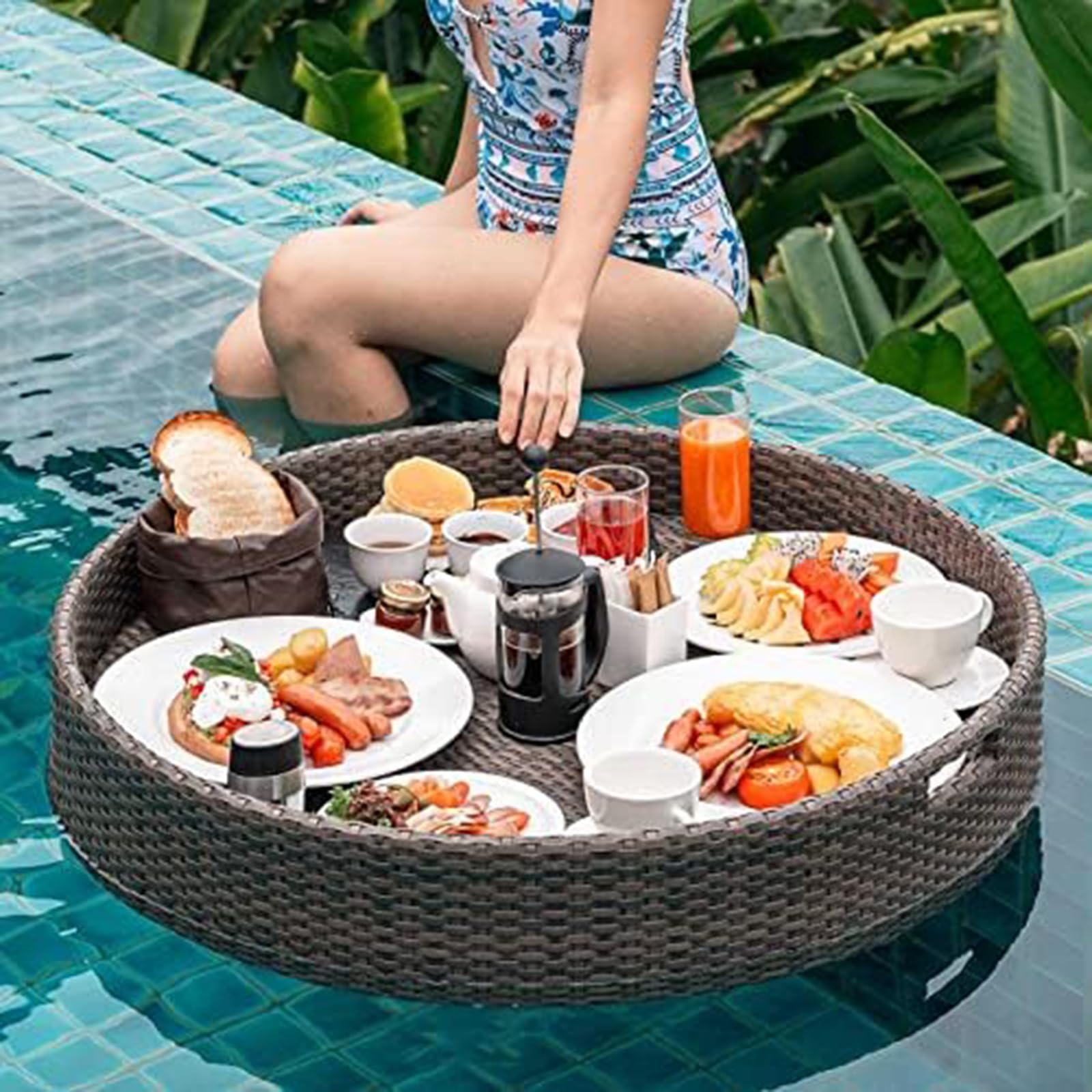 MINJUK Bandeja Flotante de Lujo con Bandeja Flotante para Mesa, Bandeja Flotante para Juegos o Cartas para Piscina, Bandeja de Mimbre para Servir para Piscina, Color m
