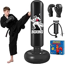 Qoosea Punching Bag for Children, 168 cm Inflatable Standing Boxing Bag with Gloves, Stable Punching Ball for Karate Kickboxing MMA Taekwondo, Ideal Gift for Boys and Girls Ages 3-14
