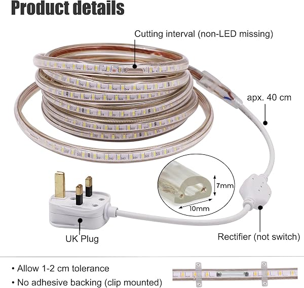 25m LED Strip AC 220V 240V IP65 Waterproof 3014 SMD 120LEDs/m Commercial Rope Light, Warm White Ribbon for Home Kitchen Cabinets Ceiling Garden Decoration UK Plug - 5
