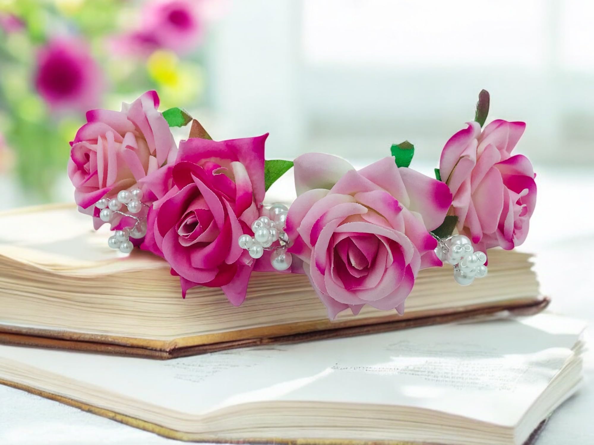 ™ Handmade Bridal Pink Rose Flower Hair Gajra, Floral Gajra For Women Party Bridal Wedding Fabric/Artificial Rose Flower Bun Juda Pack-01-image-11