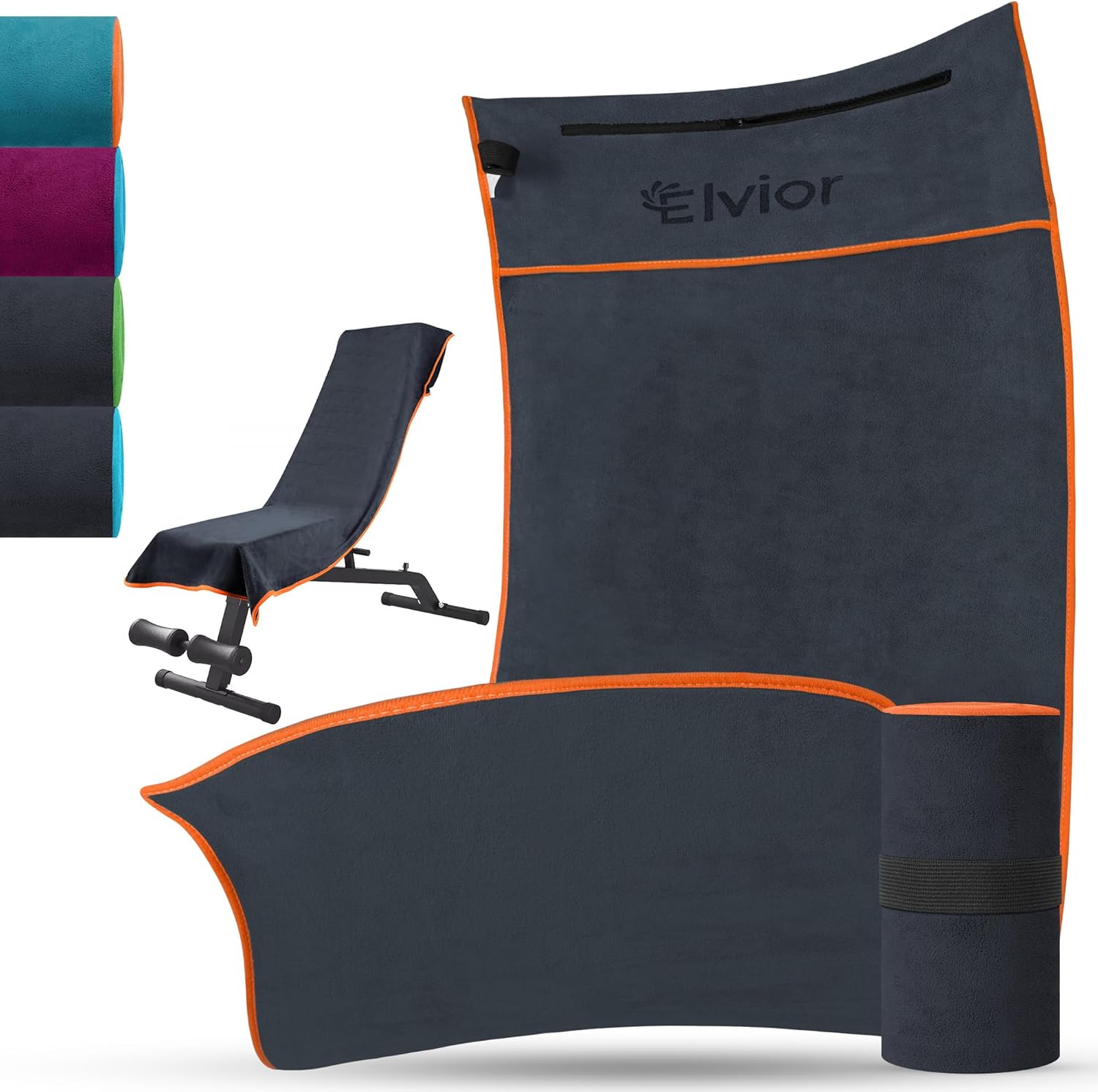 Serviette Sport 120x50cm - Serviettes Musculation Microfibre Antidérapante avec Poche Zippée - Serviette de Fitness pour homme Femmes pour Entraînement, Yoga, Gym, Randonnée (Gris Foncé/Orange)