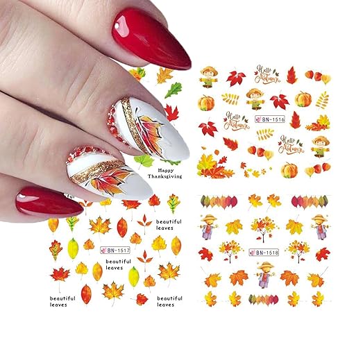 Miniatura 6 de Calcomanías de arte de uñas de otoño, calcomanías de uñas de hoja de arce amarilla, calcomanías de transferencia de agua, calcomanías de uñas de