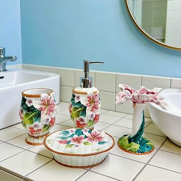 Ceramic Lily and Dracaena Sanderiana Bathroom Accessories Set, 4 Piece Bathroom Ensemble Set with Toothbrush Holder, Tumbler, Soap Dispenser, Soap Dish