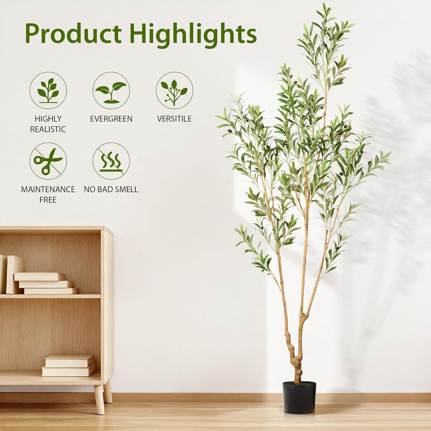 Artificial Olive Tree Indoor, 7FT Tall Faux Plant with Natural Wood Trunk, Leaves and Lifelike Fruits, Large Potted Indoor Fake Plant for Home Office Store Decor (7 ft)