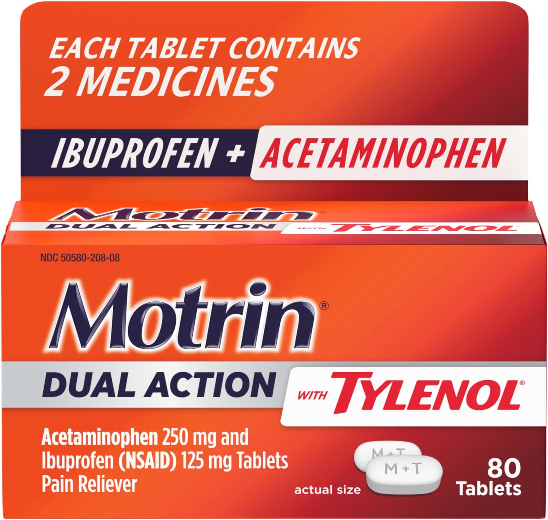 Motrin Dual Action with Tylenol, Ibuprofen & Acetaminophen, 80 ct | Fast-Acting Pain Reliever, Up to 8 Hours Pain Relief, Minor Aches & Pains