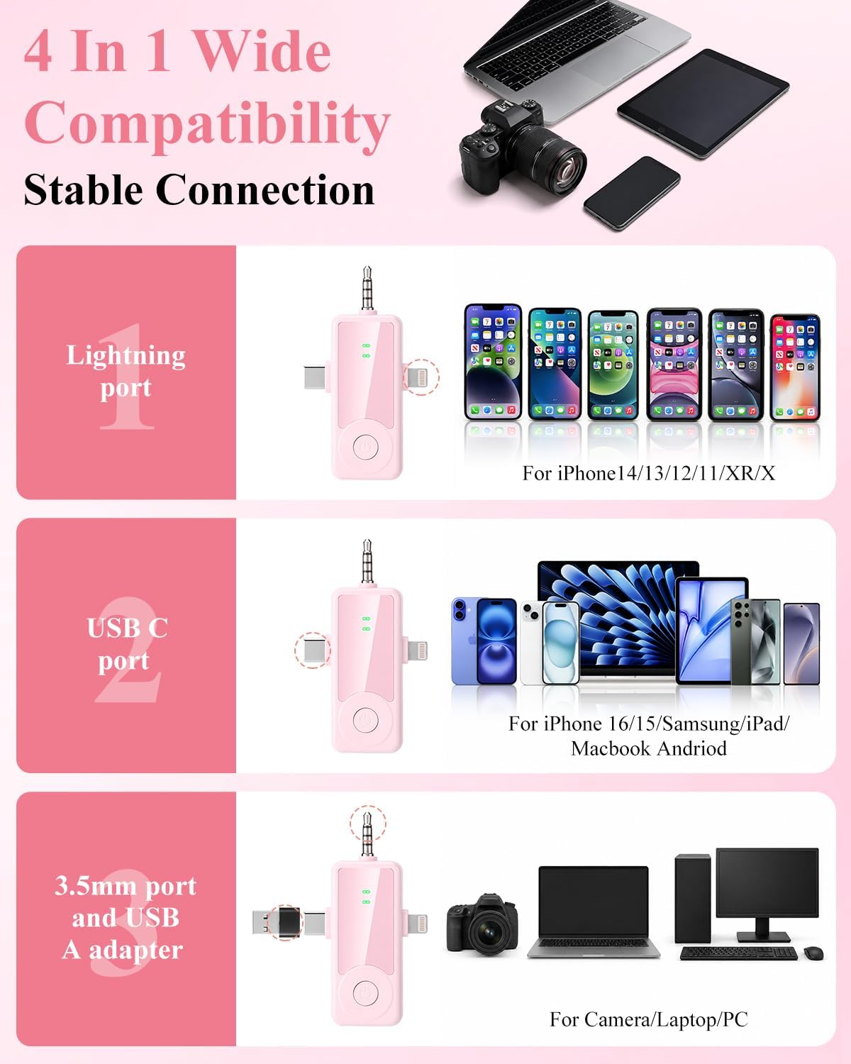 4 in 1 Wireless Microphone for iPhone/Android/Camera/Laptop/PC image 3