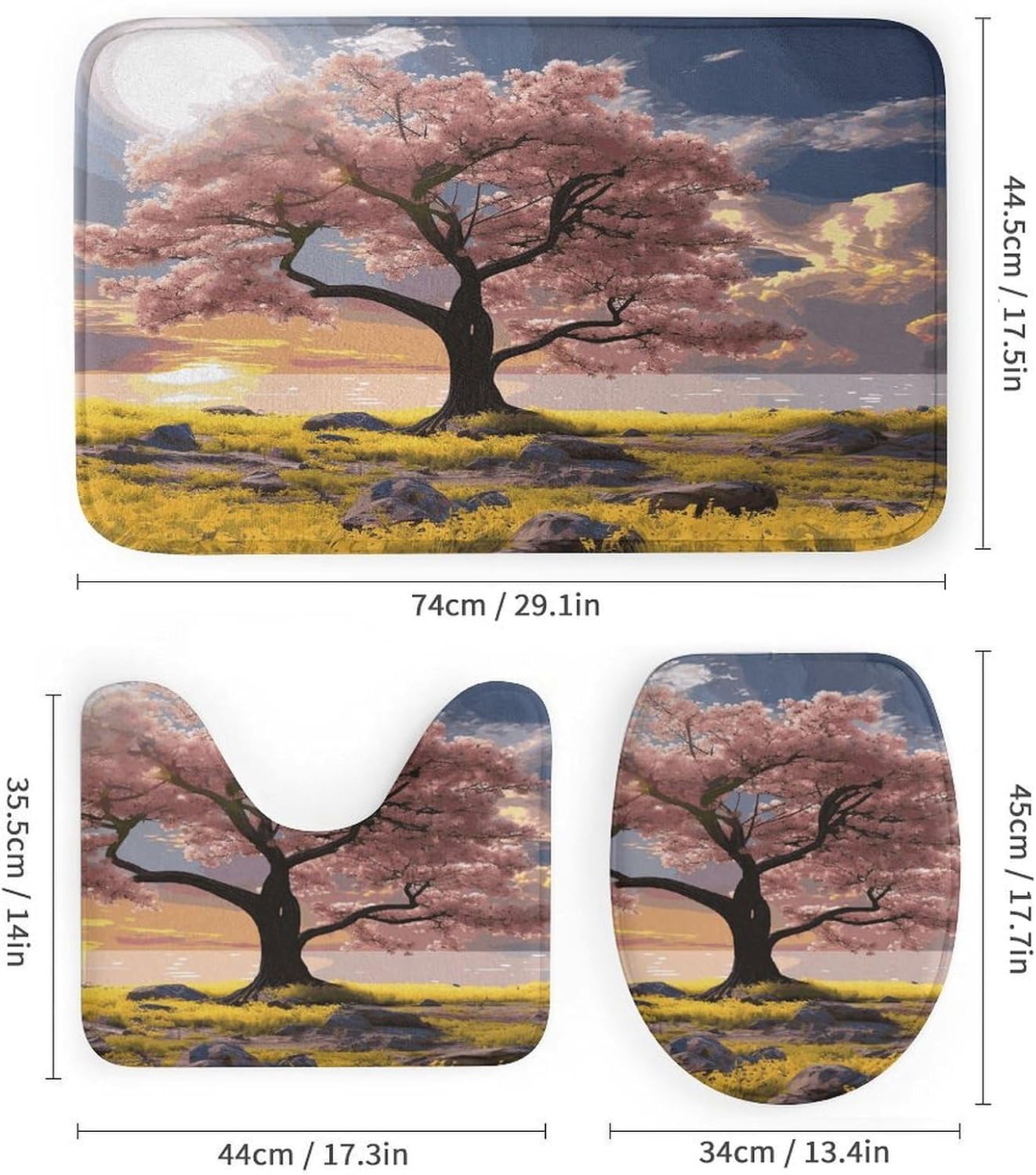 Flower and Tree 4Pcs Shower Curtain Set with Non-Slip Rugs, Toilet Lid Cover and Bath Mat,Bathroom Set Decor Accessories,Curtain Set with 12 Hooks, 72 X 72 Inch