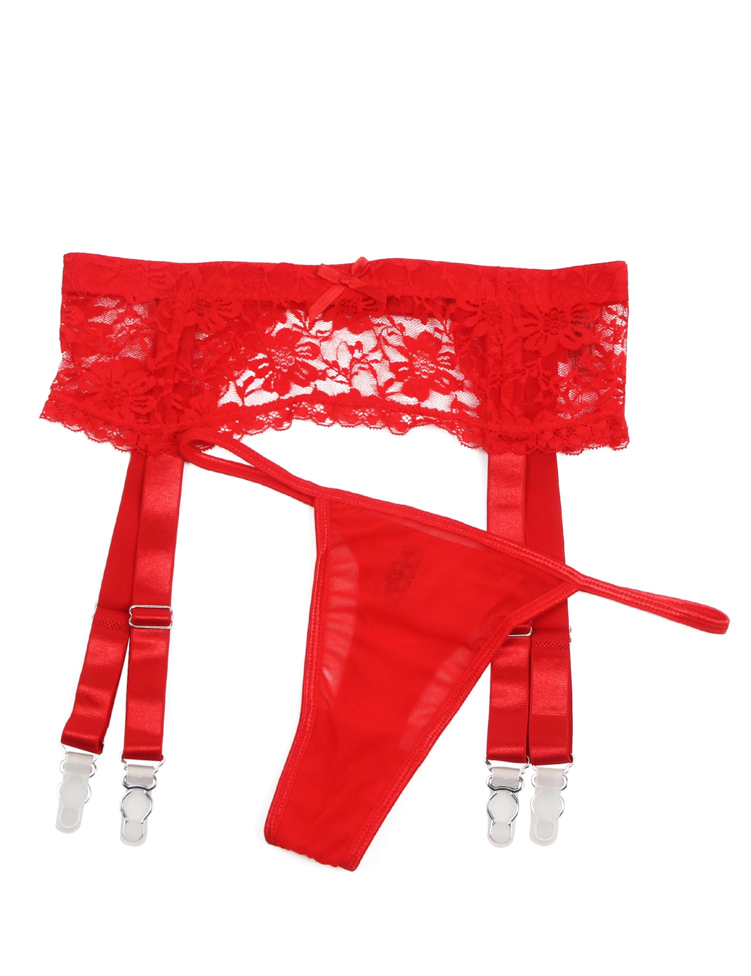 Women Floral Lace Garter Belt Plus Size Mesh Suspender Belt Set with 4 Straps Metal Clip for Thigh Highs: 1- Style1: Red Medium-Large