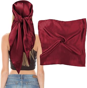 Bewudy 35" Large Square Satin Head Scarf, Silk Scarf for Women Hair Bandana, Head Scarves for Hair Wrapping and Sleeping at NightWine Red