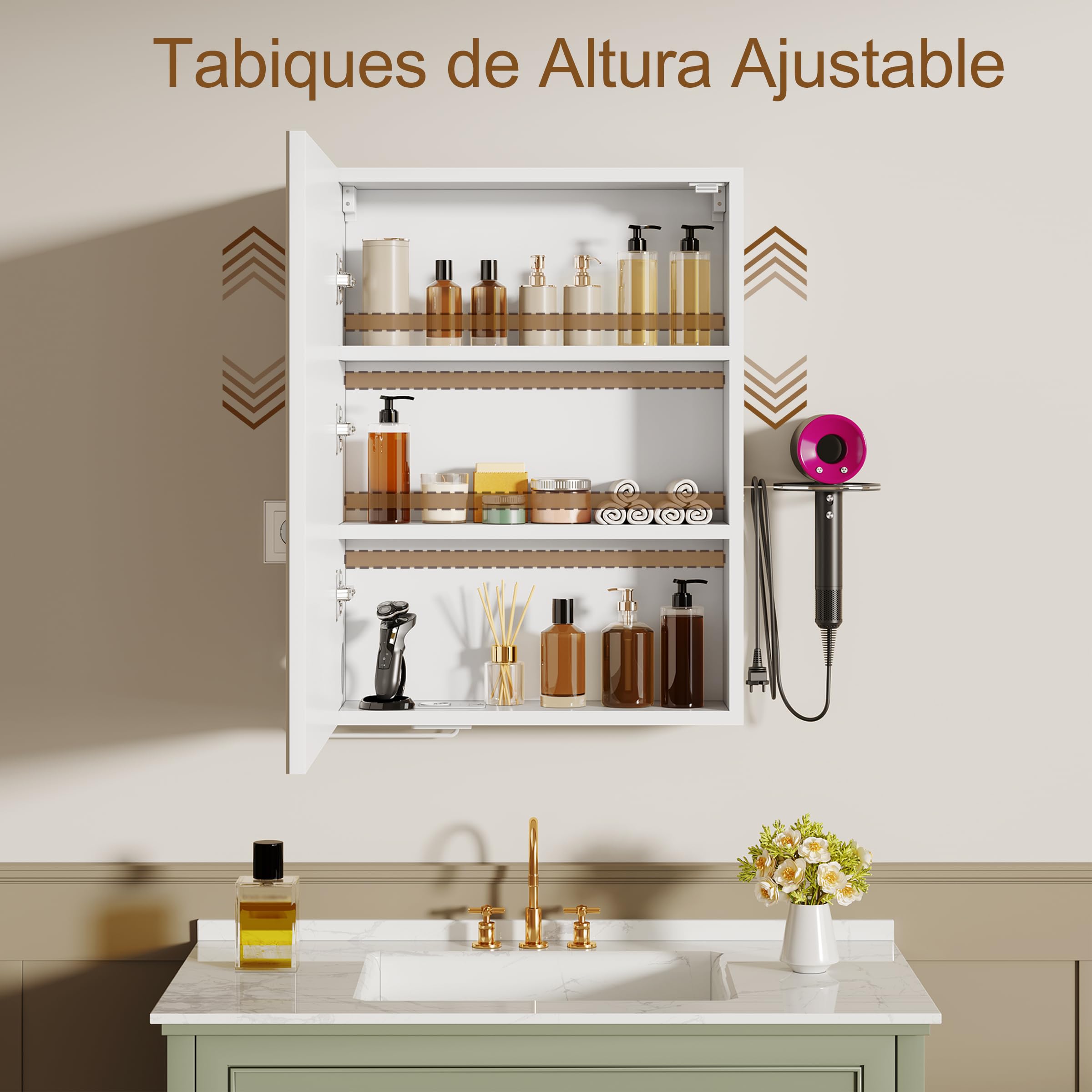 Armario Baño con Espejo LED iluminación y Función de Desempañado Armario de Pared Colgante con Enchufe Soporte para secador de Pelo y 2 Estanteria Ajustables 45 * 15 * 60 cm Blanco