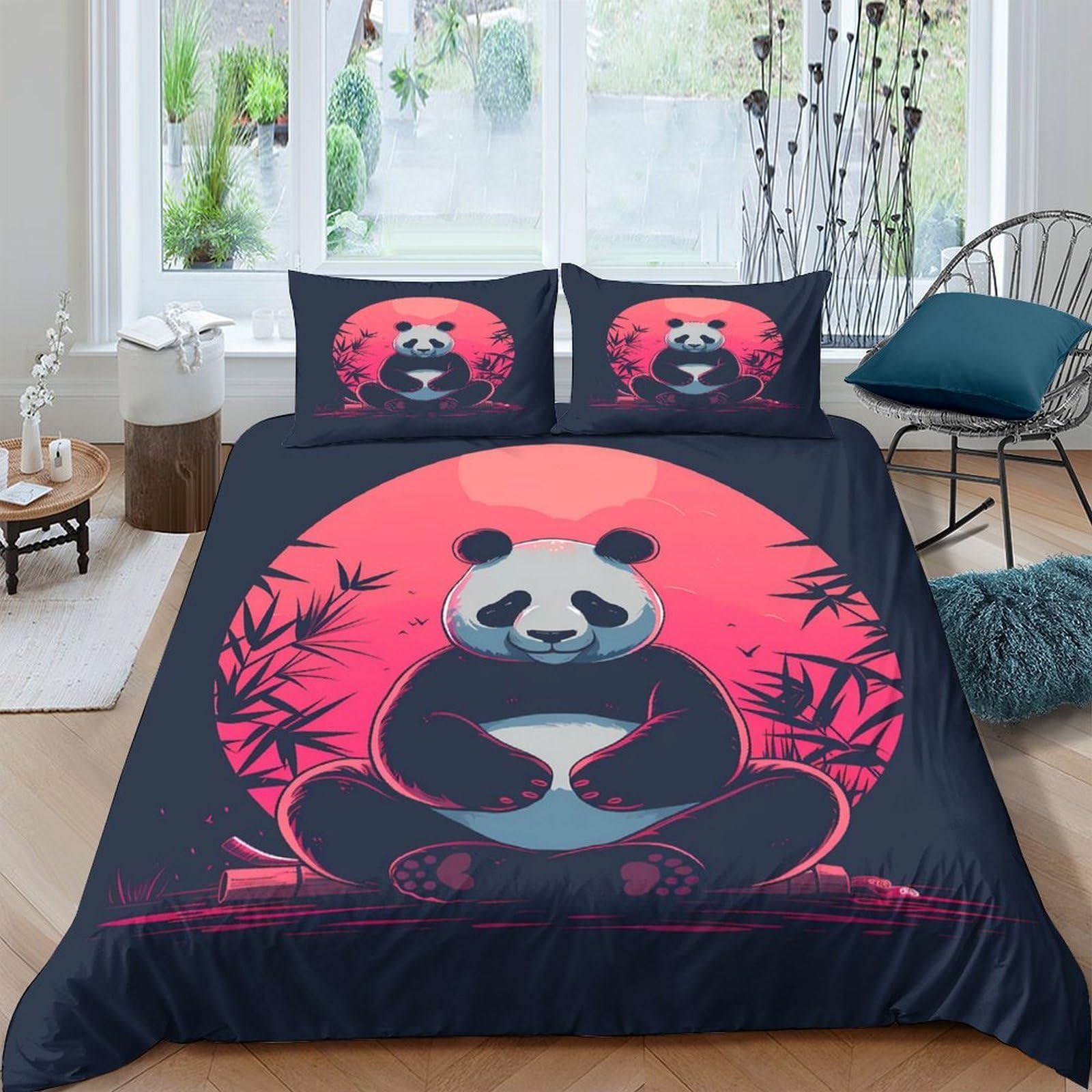 Ctjqhvkz Style-8 3D Printed Panda Sunset Fitted Sheet Microfiber Soft Anti-Slip Bamboo Red Bed Sheet Bedroom Decor Single（135X200cm）