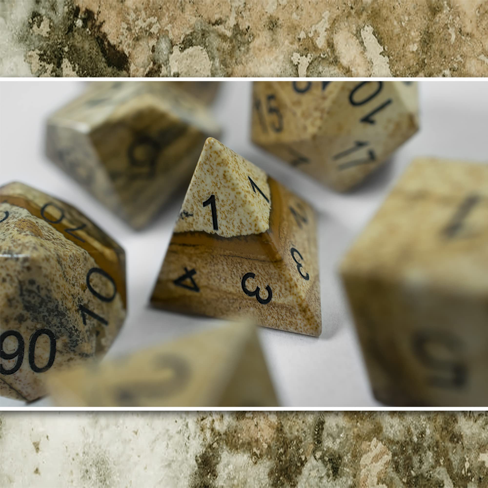7 polyedrische Stein-Würfel - polierter Naturstein - für Tabletop und Rollenspiele inkl. Aufbewahrungsbox