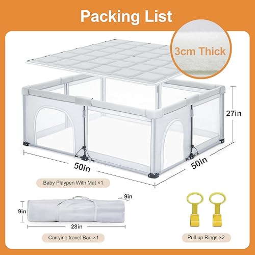 Miniatura 8 de Corralito plegable para bebés con tapete de 50 x 50 pulgadas, área de seguridad para niños para interiores y exteriores, patio de juegos portátil de