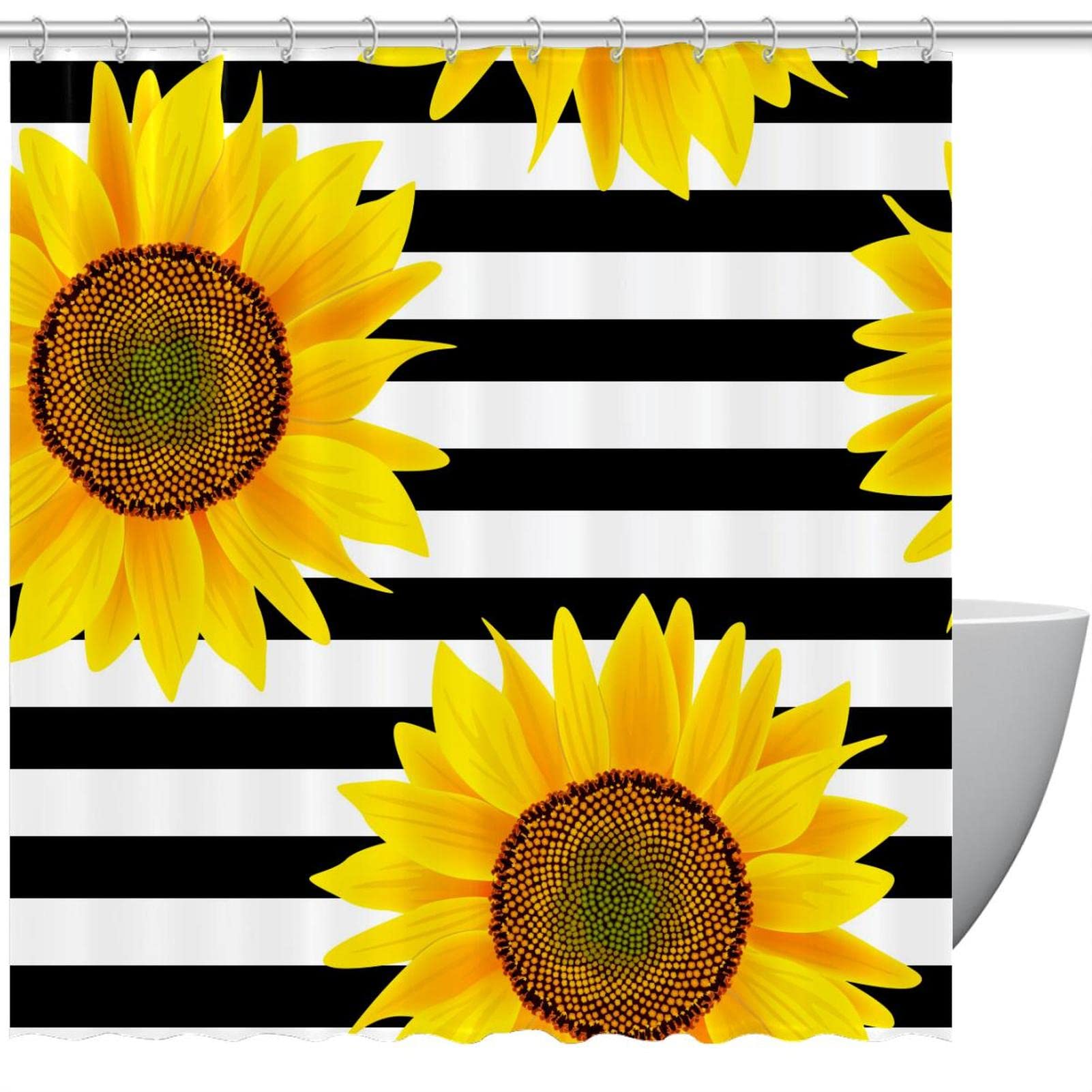 Rideau de douche 183 x 183 cm noir et blanc avec grand motif fleur jaune et anneaux